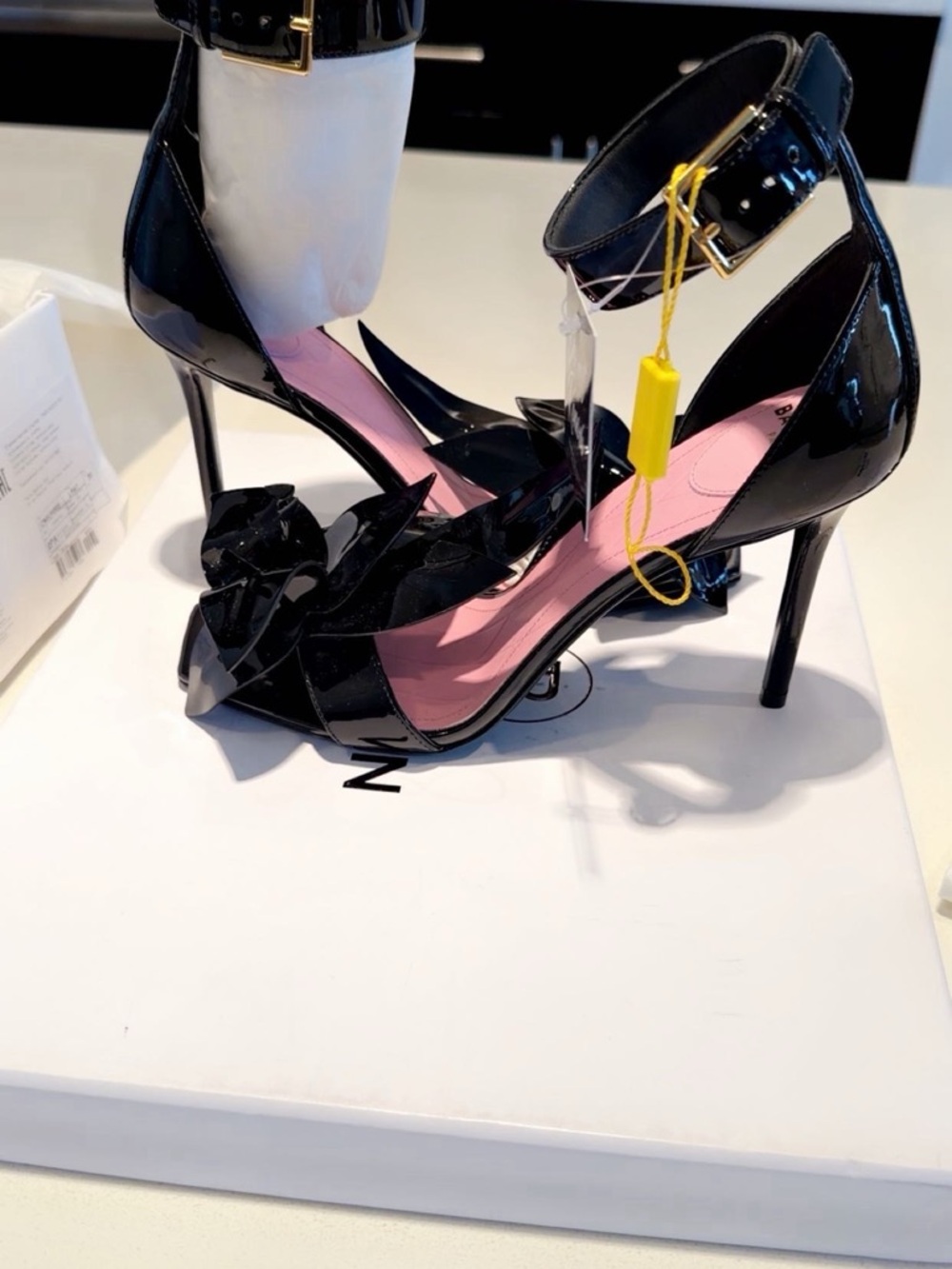 Balmain Black Patent Stiletto Sandals with Pink Insole and Bow Detail